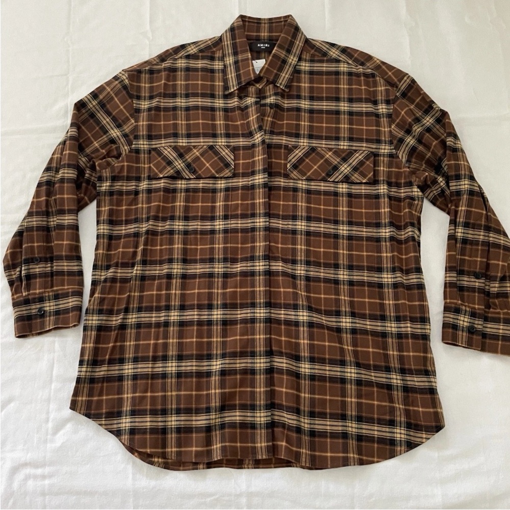 AMIRI Plaid Flannel Shirt Men LARGE Oversized Brown Quiet Luxury USA Made NWT
